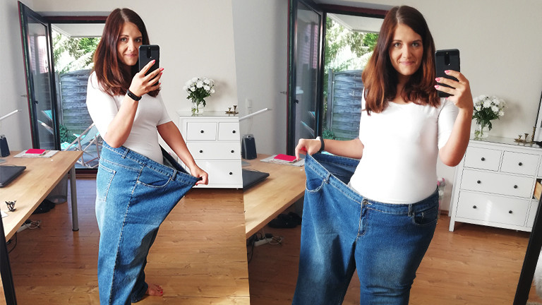 Anna mit einer Hose, in die sie heute zweimal passt.