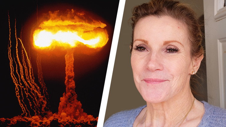 Collage von Atomtest und Porträt Claudia Peterson