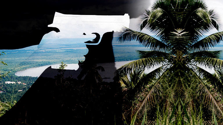 Collage aus Umriss Hand mit Waffe und Landschaft Dominikanische Republik