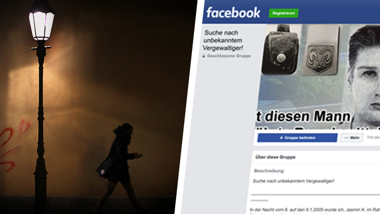 Collage einer Person im Dunkeln und eines Screenshots der Facebook-Gruppe