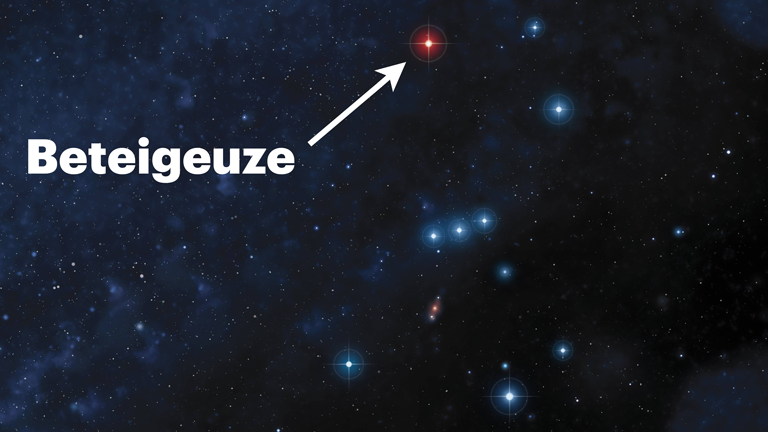 Ein Pfeil markiert den Stern Beteigeuze in einer grafischen Darstellung des Sternbilds Orion