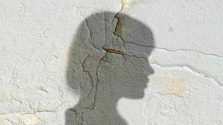 Schatten vom Kopf einer Frau auf einer rissigen Mauer.