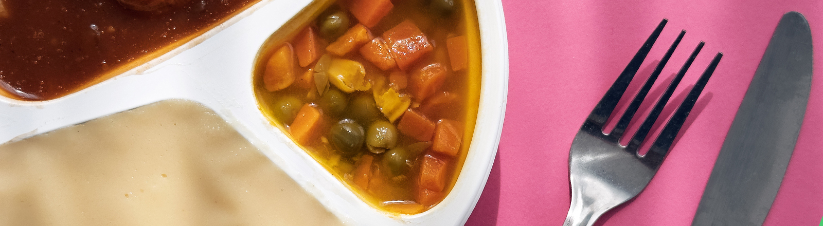 Foto einer Fertigmahlzeit mit Frikadelle, Gemüse und Kartoffelpüree in einem Plastikteller, daneben liegt Besteck