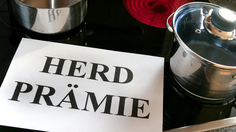 Ein Blatt mit dem Ausdruck des Unwortes des Jahres 2008 "Herdprämie" liegt auf einem Küchenherd.