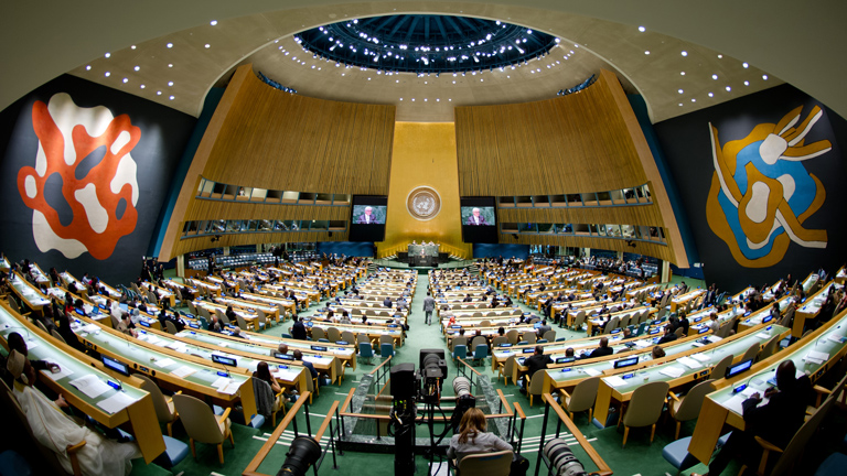 Bundesaußenminister Frank-Walter Steinmeier hält am 27.09.2014 in New York (USA) vor den Vereinten Nationen seine Rede. Mehr als 140 Staats- und Regierungschefs kommen in New York zur UN-Generalversammlung zusammen.