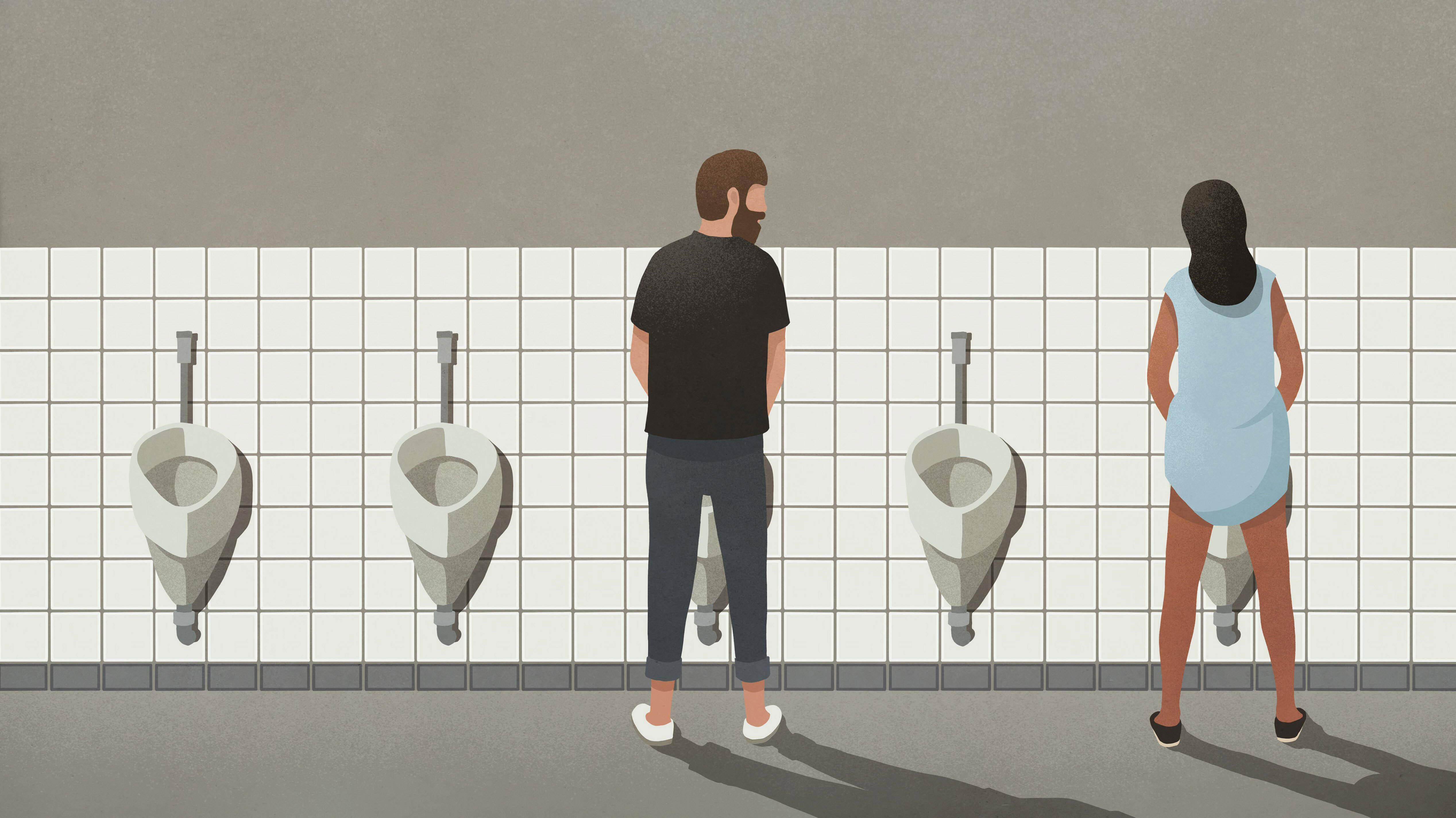 Ein Mann und eine Frau stehen nebeneinander am Pissoir.