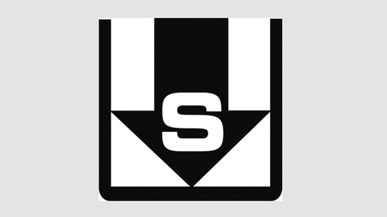 Logo des Projekts "Speichern unter": ein schwarzer Pfeil mit dem weißen Großbuchstaben S zeigt nach unten, umrandet von einem schwarzen Rahmen, oben offen.