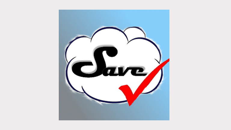 Logo des Projektes "Speichern unter", in einer weißen Wolke steht Save und ein roter Haken, der Hintergrund ist blau.