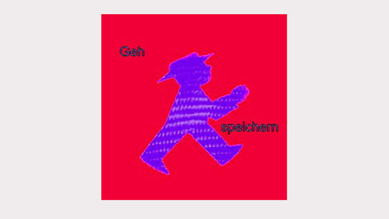 Logo des Projekts "Speichern unter", auf rotem Hintergrund ein lila Ampelmännchen verbunden mit den Worten "Geh speichern".