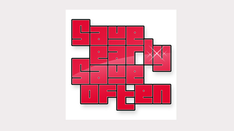 Logo des Projekts "Speichern unter": "Save early, Save often" ist zu lesen, in roter Schrift, einem Graffito ähnelnd.