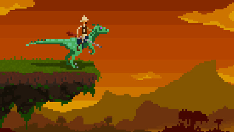 Spiel in Pixeloptik: Cowboy reitet auf Saurier