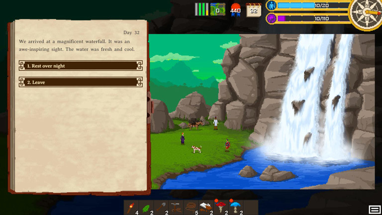 Ansicht Spiel Curious Expedition. Spielmenü und ein Wasserfall