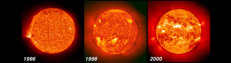 Die drei Bilder zeigen die minimale Sonnenaktivität 1996, eine Steigerung bis 1998 und die maximale Aktivität im Jahr 2000.