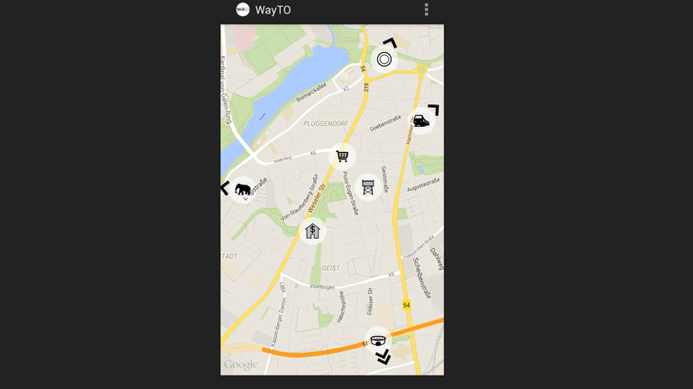 Screenshot der Ansicht des Navigationssystems WayTo auf dem Smartphone