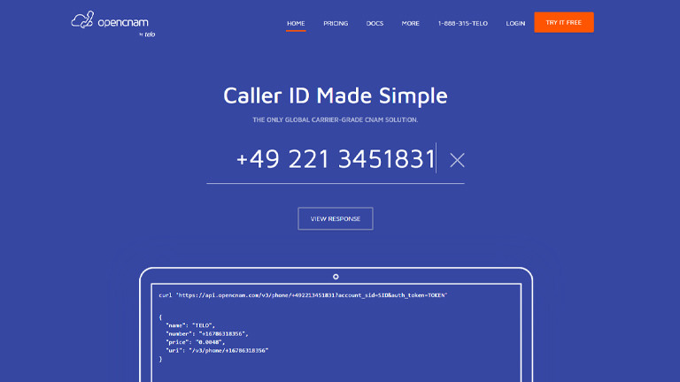 Screenshot von der Webseite Opencnam.com