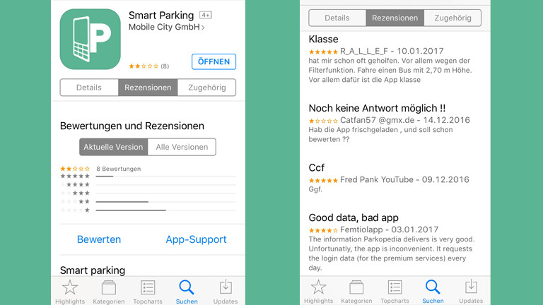 Screenshots der Park-App "Smart Parking"