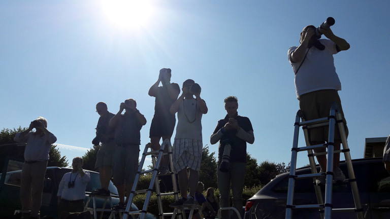 Planespotter fotografieren auf Leitern stehend.