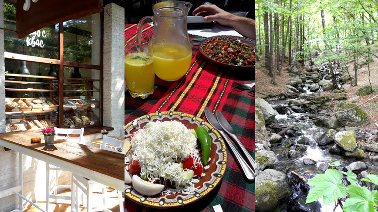 Ein gedeckter Tisch, Bachlauf im Wald und die Außenansicht eines Cafés.