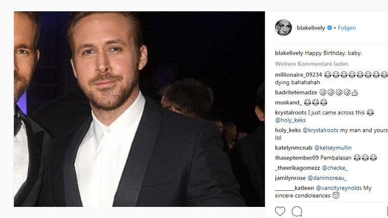Schauspieler Blake Lively gratuliert ihrem Mann Ryan Reynolds mit einem Foto von Ryan Gosling zum Geburtstag.