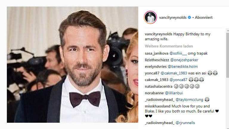 Schauspieler Ryan Reynolds gratuliert seiner Frau Blake Lively auf Instagram zum Geburtstag.