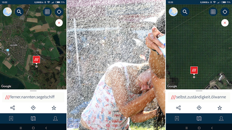 Screenshots der App (links und rechts) und Haldernbesucherin (mitte)