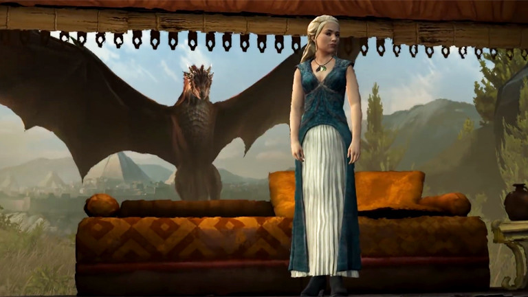 Animation Computerspiel Game of Thrones, Mother of dragons mit Drachen.
