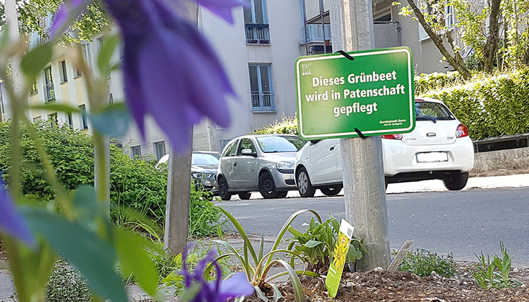 Offizielles Schild der Stadt Bonn über eine Patenschaft eines Grünbeetes