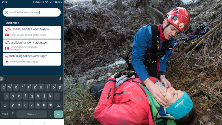 Links: Screenshot der App. Rechts: Bergretter der Bergwacht üben am 19.12.2016 auf dem Feldberg im Schwarzwald (Baden-Württemberg) die Rettung einer verletzten Person, die an einem Abhang abgestürzt war. Die Bergwacht in Baden-Württemberg sieht sich nach erfolgreichen Finanzverhandlungen mit dem Land für die Wintersaison gut gerüstet. Foto: Patrick Seeger/dpa