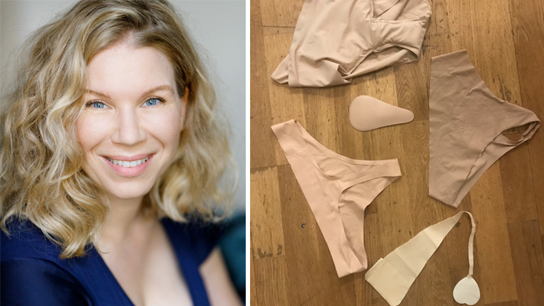 Julia Effertz, Intimitäts-Koordinatorin und Schauspielerin, Slips auf dem Parkettboden
