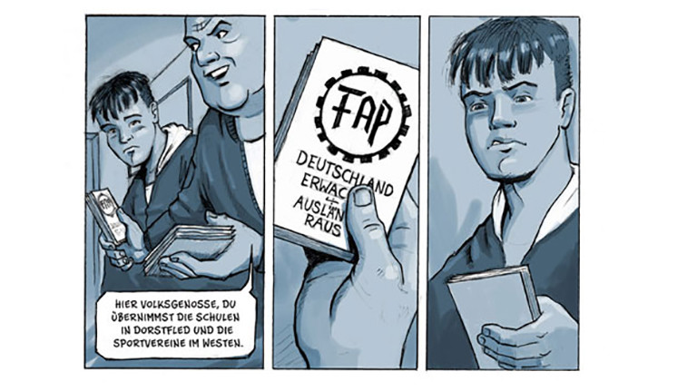 Ausschnitt aus der Graphic Novel "Drei Steine": Ein Junge zeigt einem anderen ein kleines Buch mit dem Titel "Deutschland erwacht, Ausländer raus"