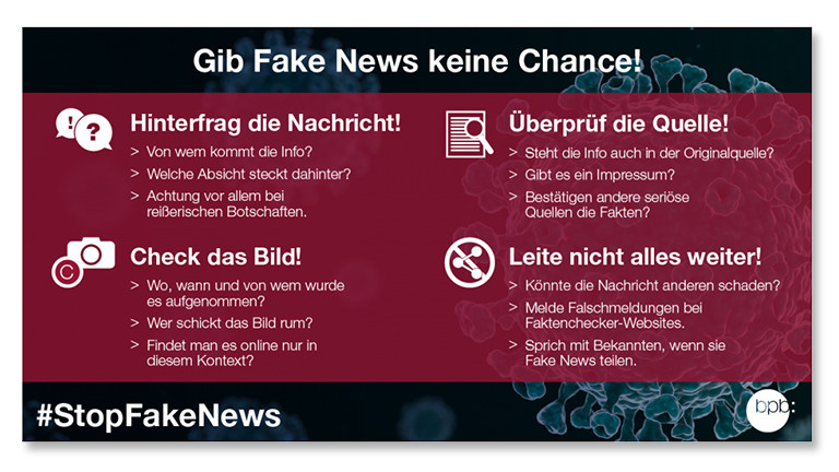 Infotafel der Bundeszentrale für Politische Bildung mit Tipps gegen Fake News