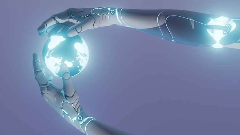 Three dimensional render of robotic arms holding glowing planet Earth