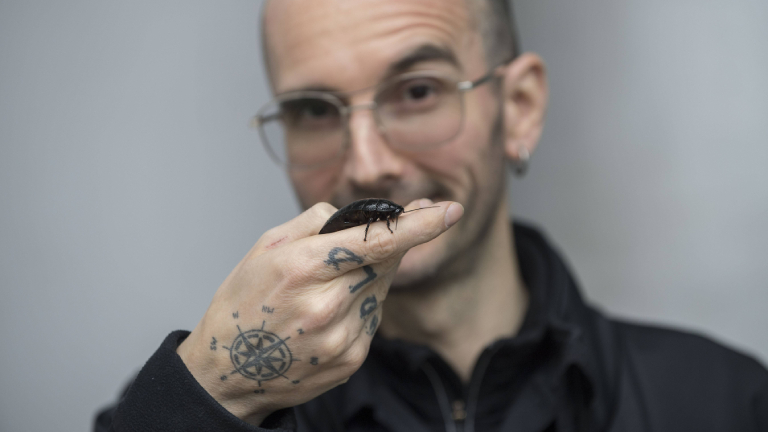 Kriminalbiologe Mark Benecke präsentiert lächelnd seine Hausschabe