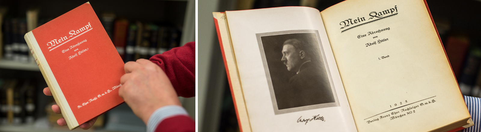 Bibliotheksleiter Schlögl blättert am 03.12.2015 in den Räumen vom Institut für Zeitgeschichte in München (Bayern) in der Erstausgabe von Adolf Hitlers "Mein Kampf" aus dem Jahr 1925. Collage: Deutschlandfunk Nova