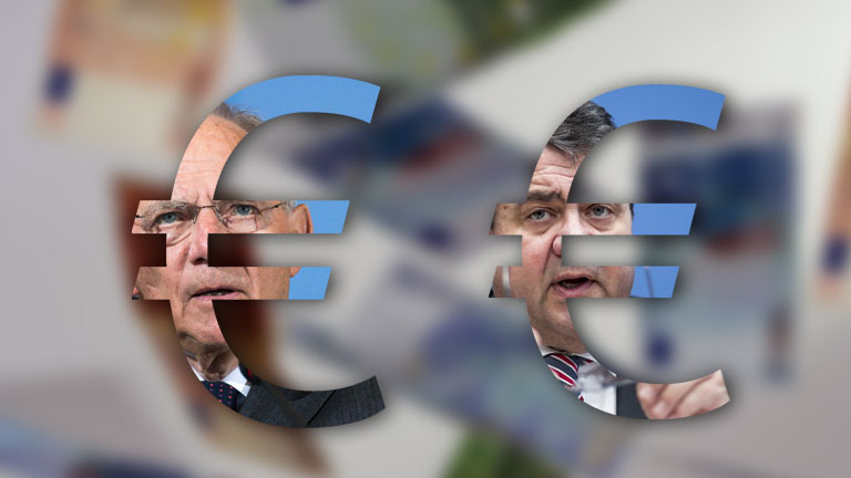 Fotomontage: Schäuble und Gabriel in Eurozeichen im Geldregen