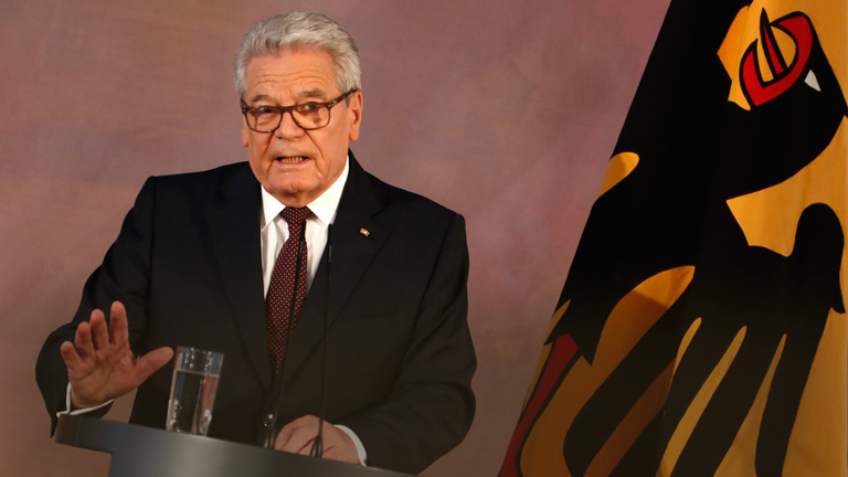 Bundespräsident Joachim Gauck bei seiner letzten Rede im Schloss Bellevue.