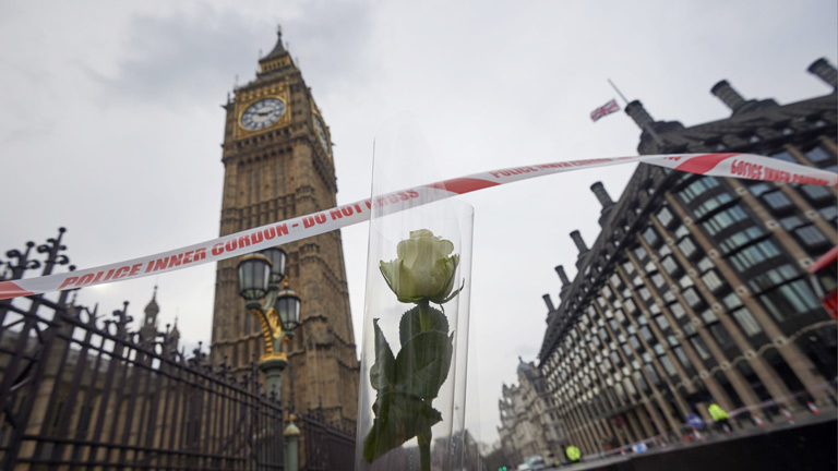 Eine Blume in Sichtweite des britischen Parlaments soll an die Opfer des Terroranschlags erinnern