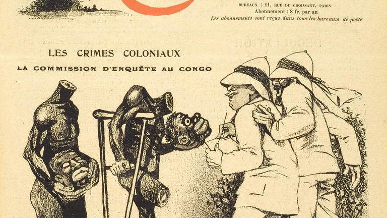 Diese Karikatur ist im Jahr 1907 im belgischen Satiremagazin „Les Corbeaux“ erschienen. Sie prangert mit beißendem Spott die angebliche Aufklärung von Kolonialverbrechen im Kongo durch eine belgische Untersuchungskommission an.
