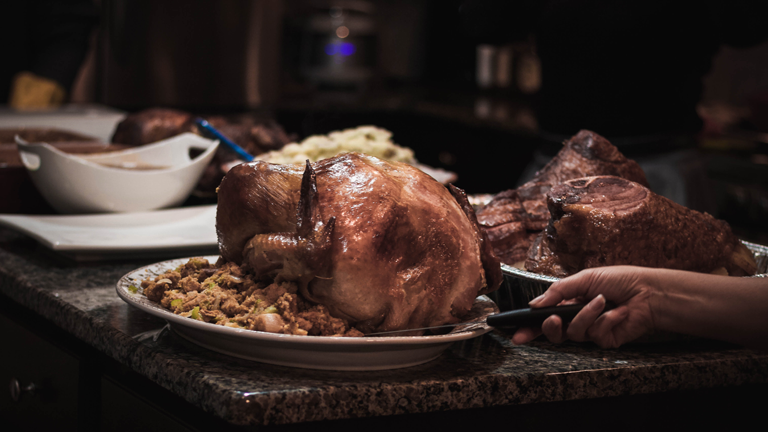 Eine Weihnachtsgans, gebraten auf einem Teller, daneben eine Schale mit Soße