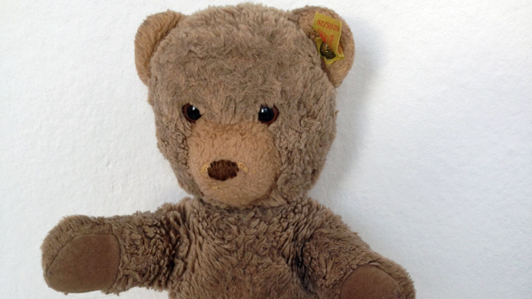 Ein Teddybär vor weißer Wand.