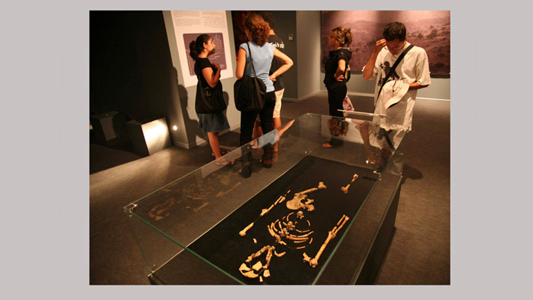 Besucher eines Museums in Algerien betrachten die fossilen Überreste von Lucy. Die Knochen liegen in einer Vitrine.