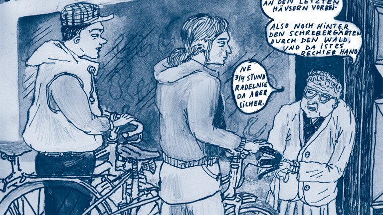 Szene aus dem Comic, bei dem zwei junge Leute nach dem Weg zum Flüchtlingsheim fragen.