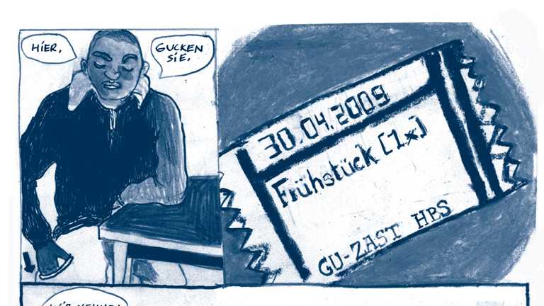 Die Zeichnung eines am Tisch sitzenden Mannes und einer Frühstücksmarke.
