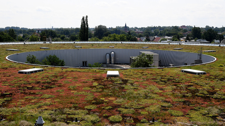 Hasu mit einem begrünten dach in Berlin Adlershof, das Regenwasser aufsaugen soll.