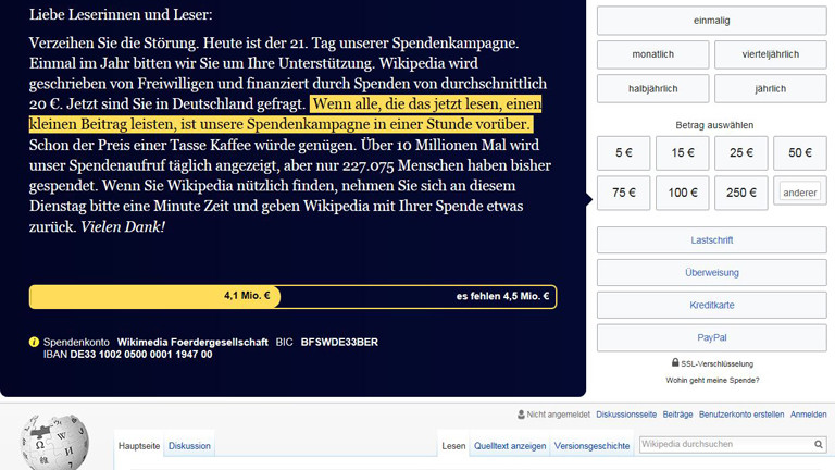 Ein Screenshot vom Spendenaufruf bei Wikipedia