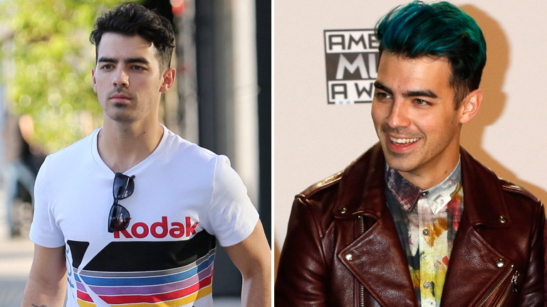 Joe Jonas mit schwarzen und mit grünen Haaren.