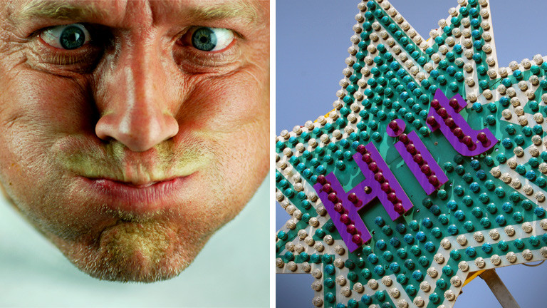 Collage: Hit-Werbeschild, ein Mann zieht eine Grimasse