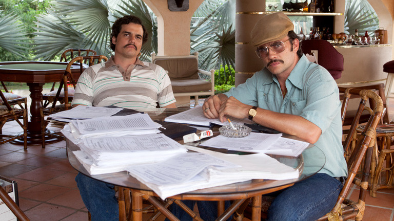 Brazilian actor Wagner Moura as Pablo Escobar and Colombian actor Juan Pablo Raba as Gustavo in the Netflix Original Series NARCOS