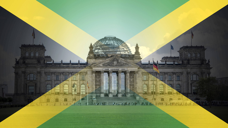 Collage: Der Reichstag und die Jamaikaflagge
