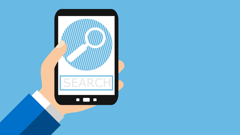 Zeichnung einer Hand, die ein Smartphone hält mit einer Lupe